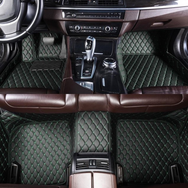 Black and Green Stitching Luxury Leather Diamond Car Floor Mats Factory Black and Green Stitching Luxury Leather Diamond Car Floor Mats Factory
