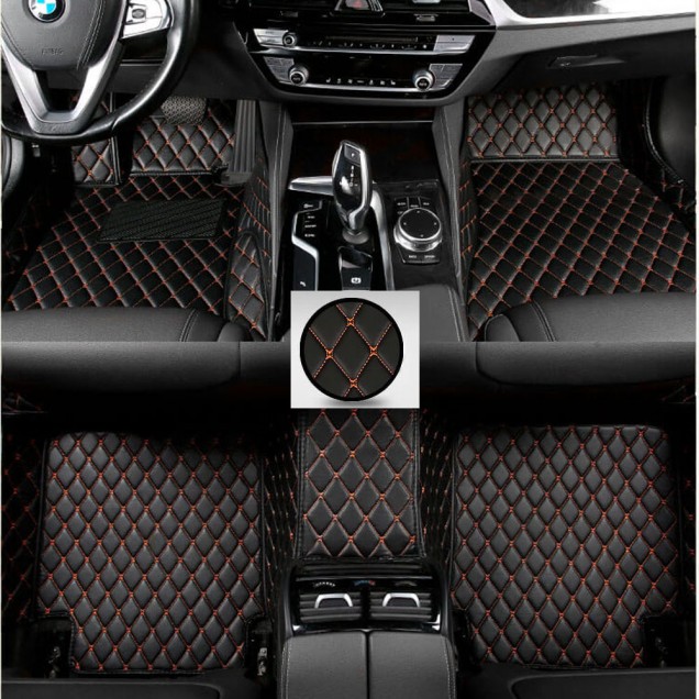 Black and Orange Stitching Luxury Leather Diamond Car Mats Factory