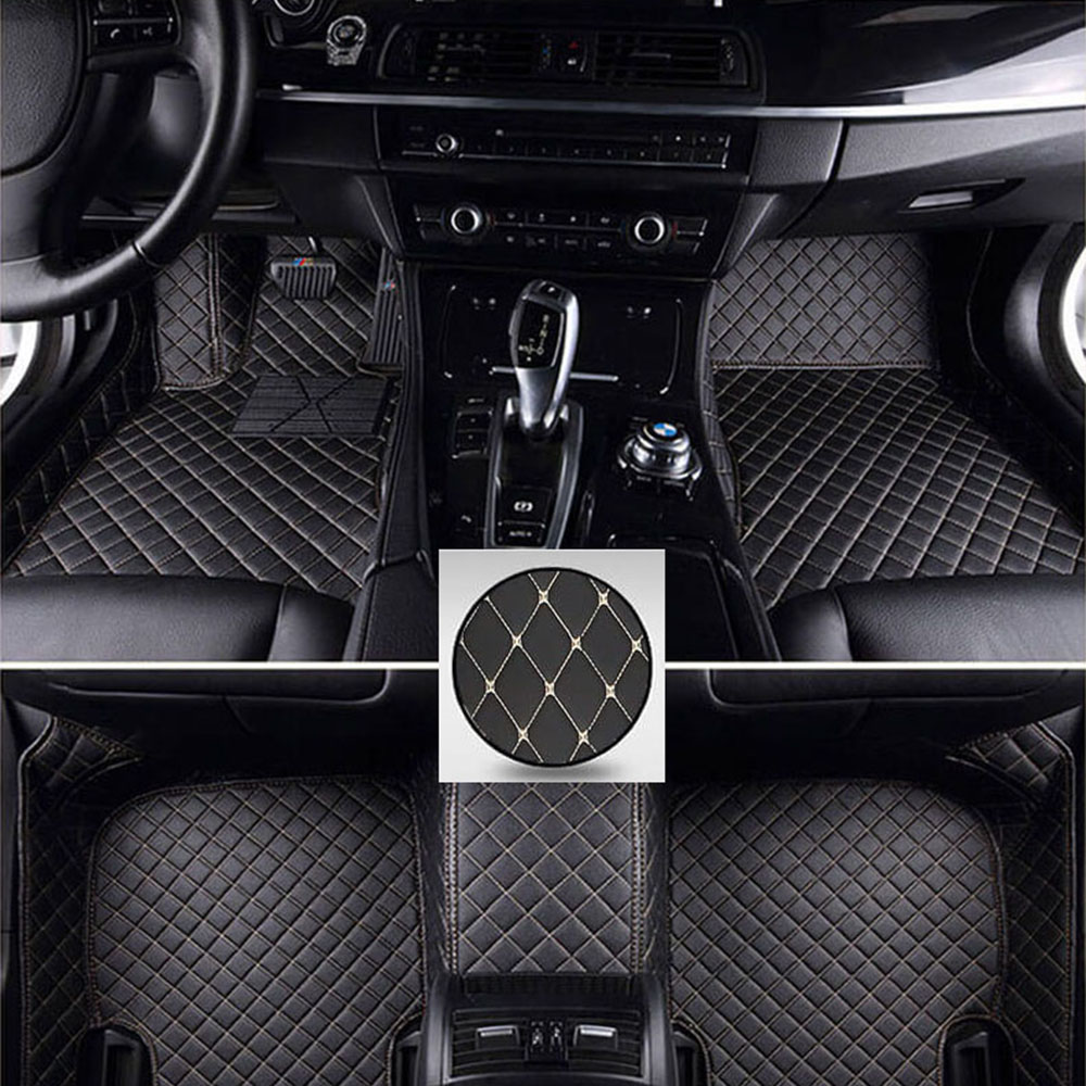 Black and Beige Stitching Luxury Leather Diamond Car Mats Factory Outlet