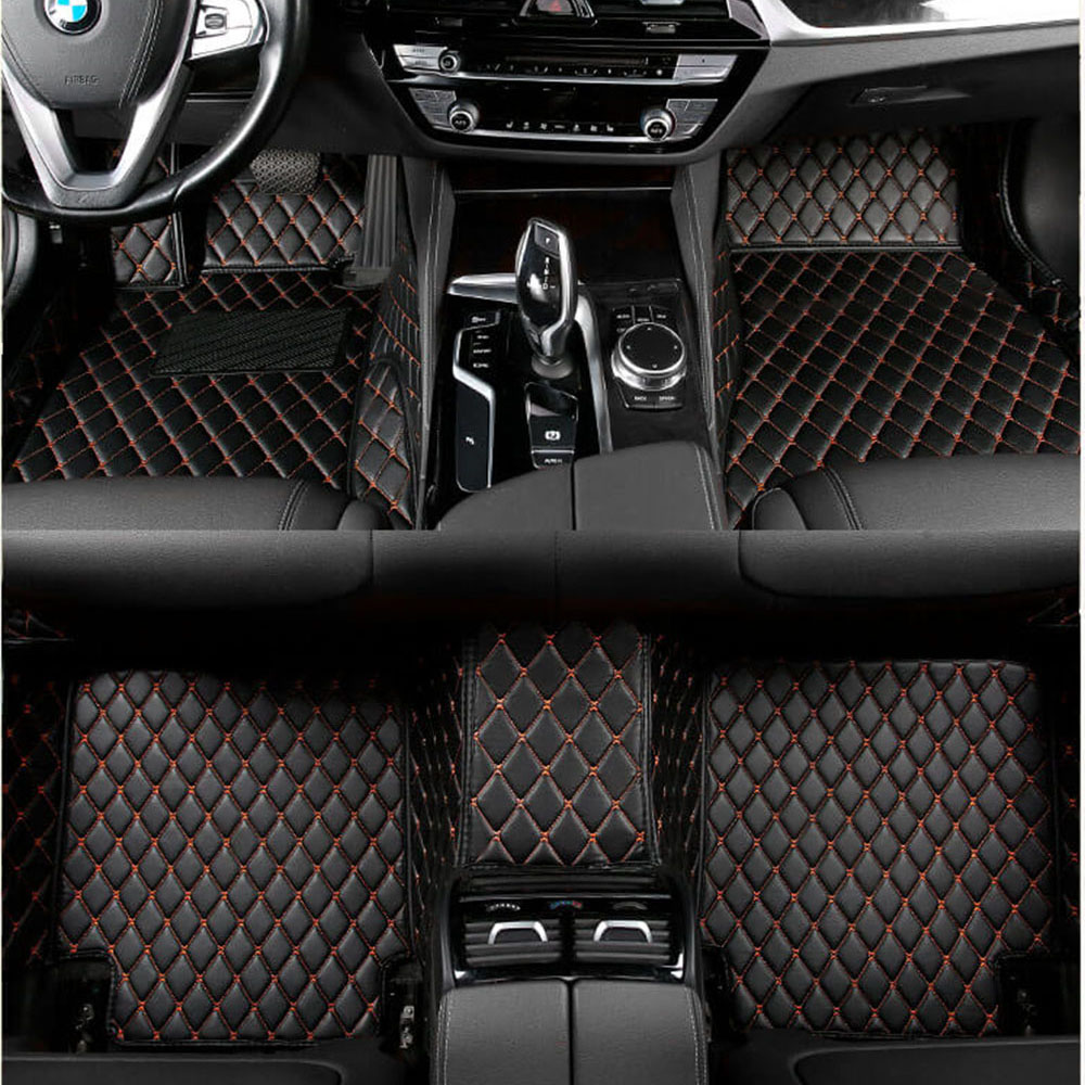 Black and Orange Stitching Luxury Leather Diamond Car Mats Factory Outlet