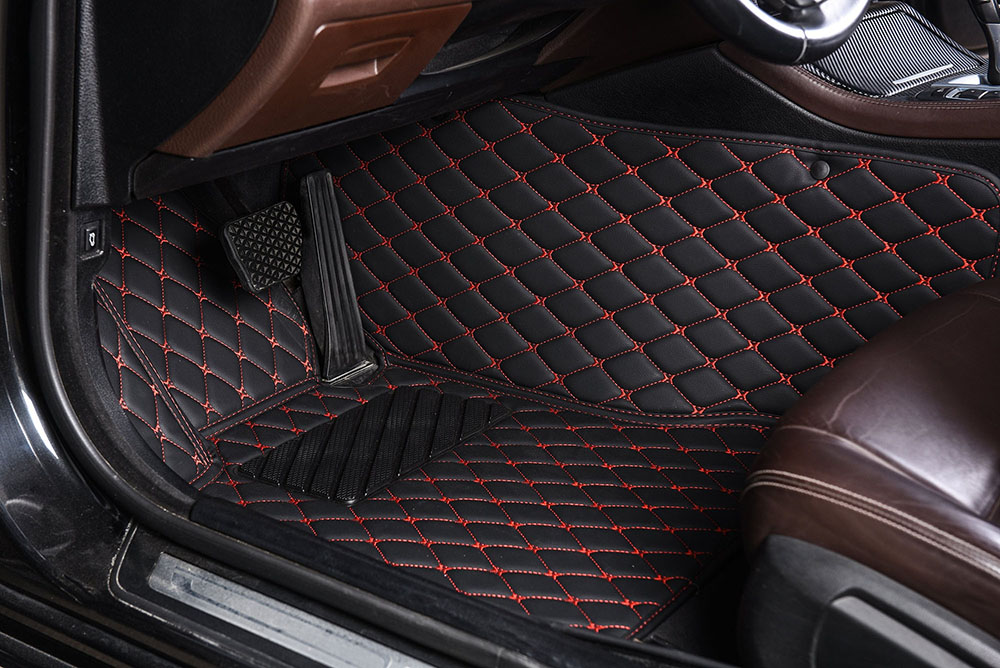 Black and Red Stitching Luxury Leather Diamond Car Mats Factory Outlet